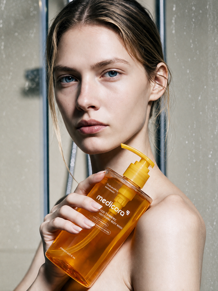 The Body Wash held against the shoulder during a shower routine