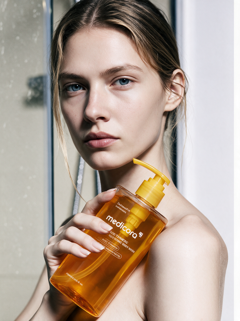 Medicora brand photography: the Brightening Body Wash held in the shower
