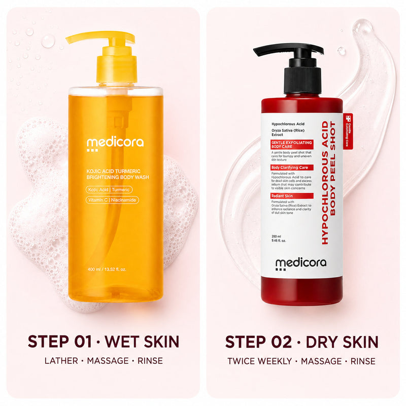 Step 01 on wet skin with the Body Wash, step 02 on dry skin with the Body Peel Shot