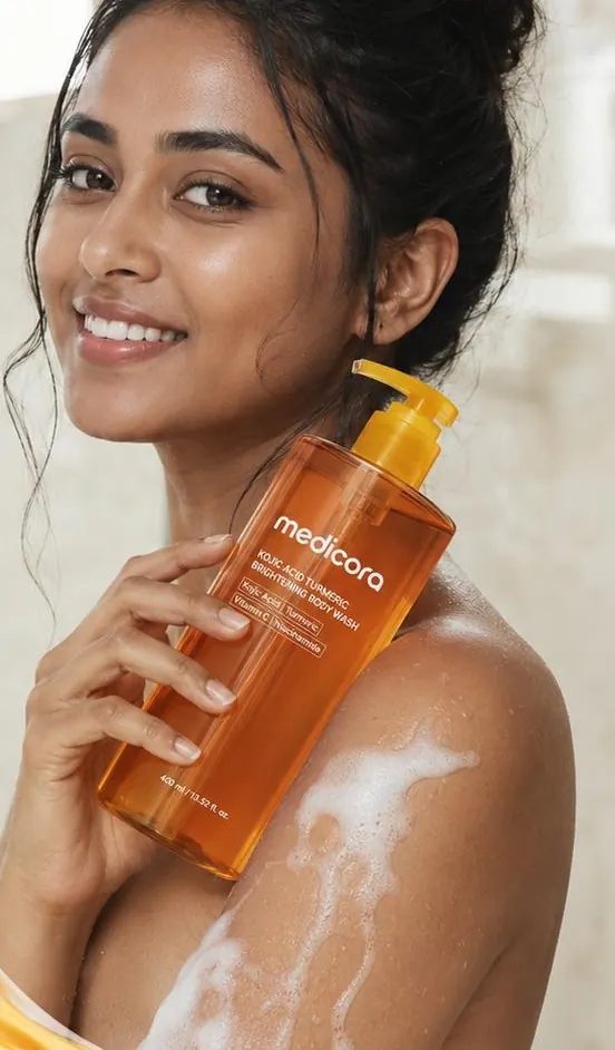 The Medicora Body Wash held after a shower