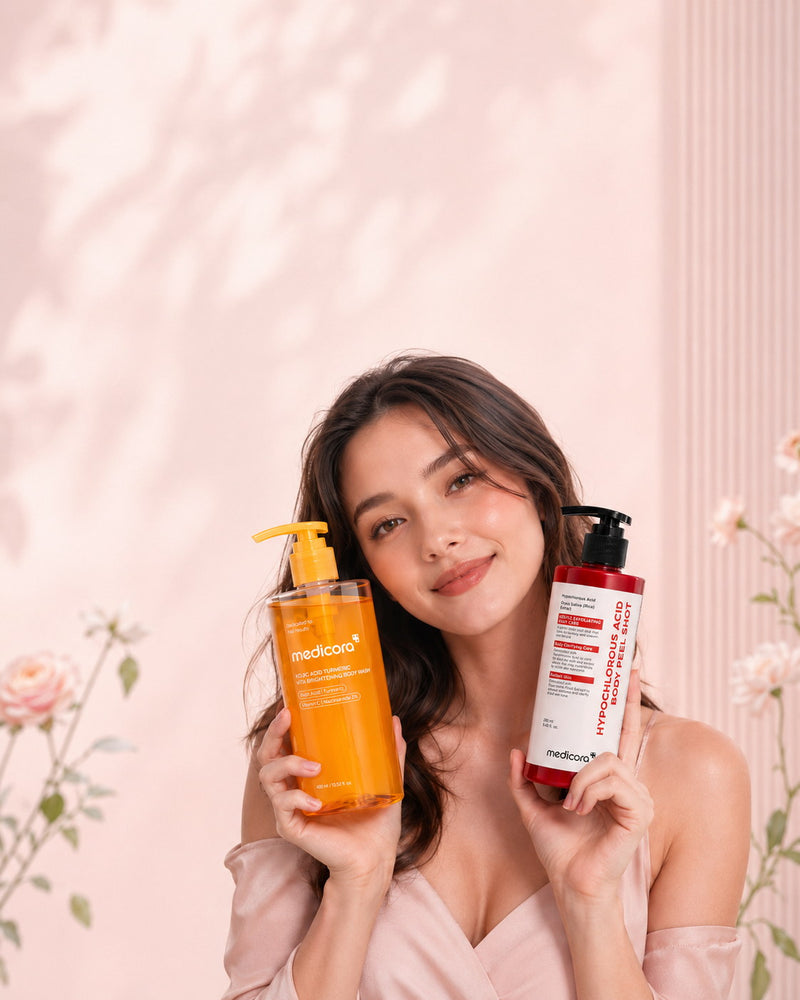 The Medicora two-step body routine: the Kojic Acid Turmeric Brightening Body Wash and the Hypochlorous Acid Rice Body Peel Shot